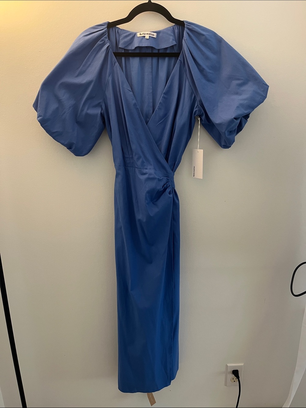 Reformation Blue Midi Puff-Sleeve Wrap Dress